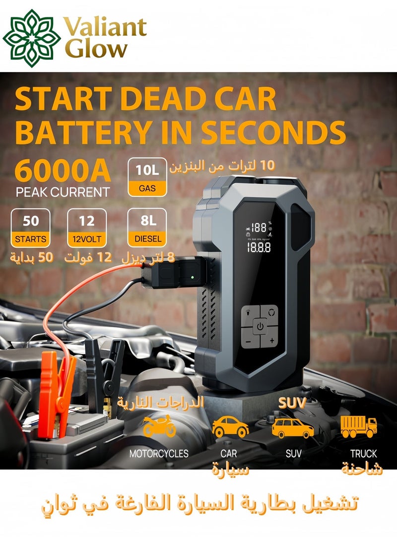 Valiant Glow Emergency Jump Starter Tire Inflator (6000A) | 8000mAh High-Capacity Battery | Dual USB Outputs | Supports 10L Gasoline/8L Diesel Vehicles | 150PSI Fast Inflator | 10-Fold Safety Protection System | LED 3-in-1 Emergency Lighting - Image 3
